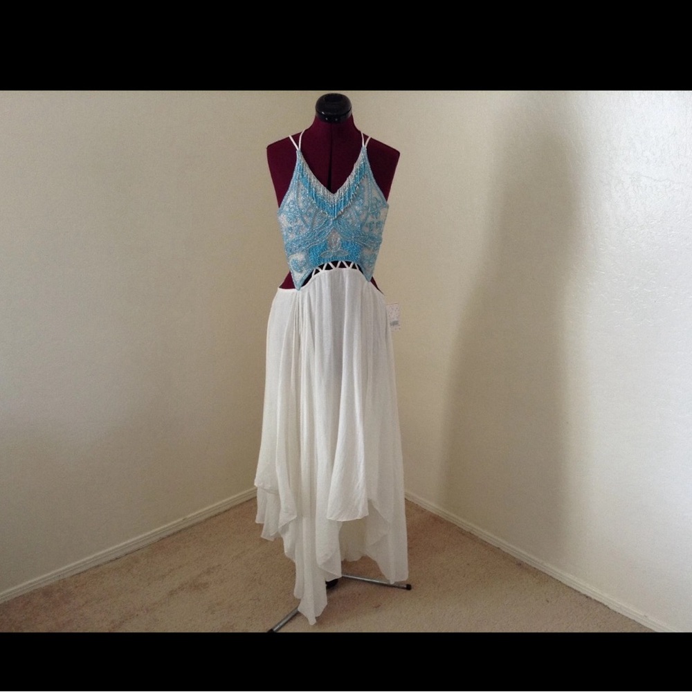 Free People Asymmetrical Blue and White Beaded Dress Size 4